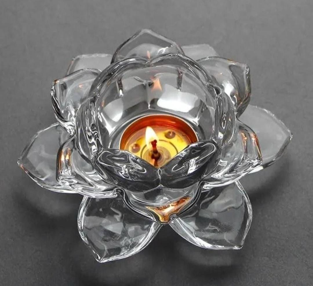 Glass Lotus Flower Tea Light Candle Holder – Decorative Transparent T-Light Holder for Home Décor & Festivals (Diwali, Christmas, Eid) | SFYKART