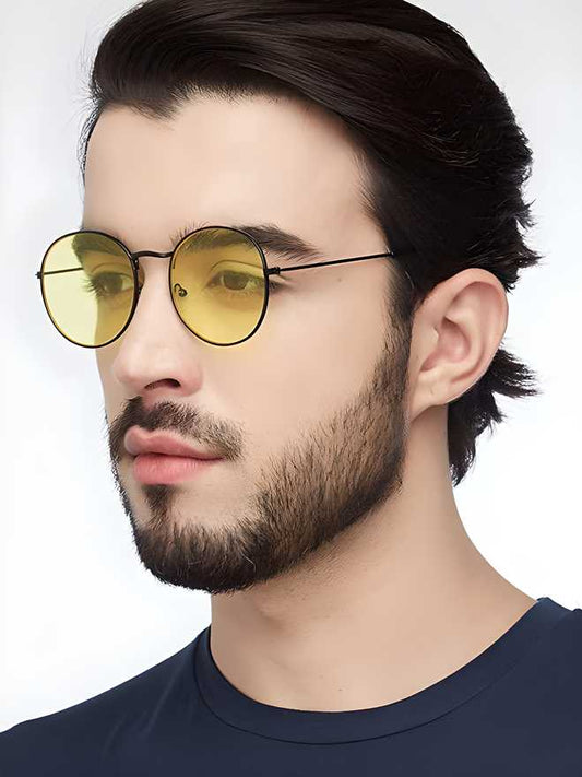 Unisex Yellow Black Round Sunglasses – Metal Frame, Stylish Glass Lens Casual Eyewear | SFYKART