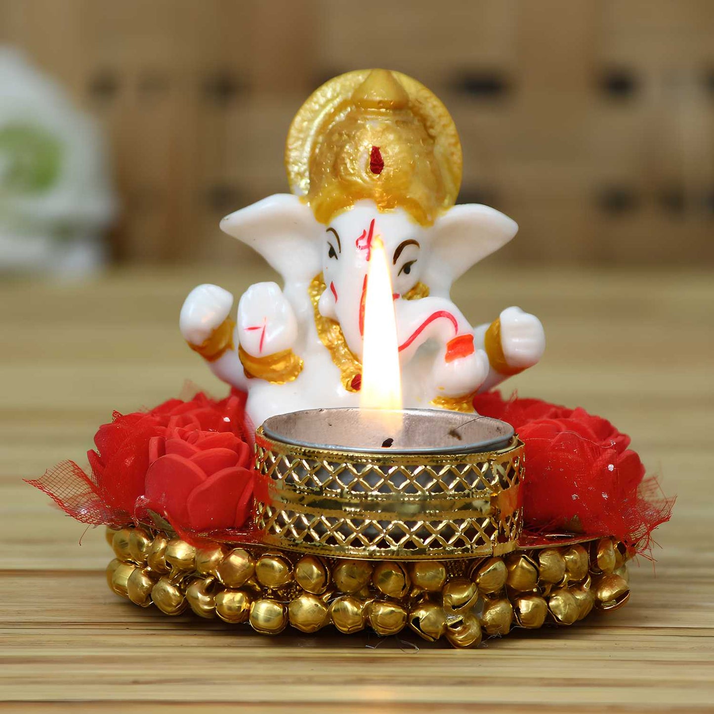 eCraftIndia Lord Ganesha Idol on Decorative Plate with Tea Light Holder – Pooja & Home Décor Showpiece | SFYKART