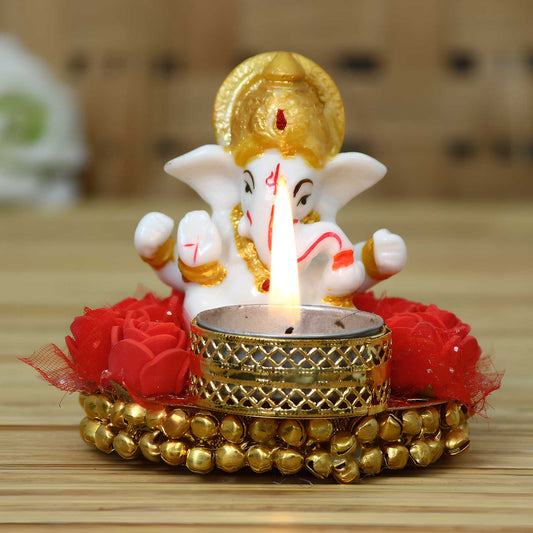 eCraftIndia Lord Ganesha Idol on Decorative Plate with Tea Light Holder – Pooja & Home Décor Showpiece | SFYKART