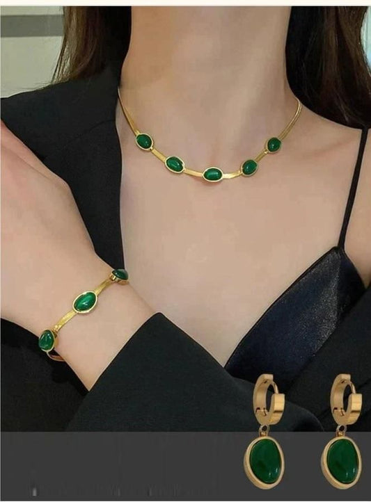Oval Green Crystal Pendant Necklace Set with Bracelet – Gold Plated Stainless Steel Jewellery for Women | SFYKART