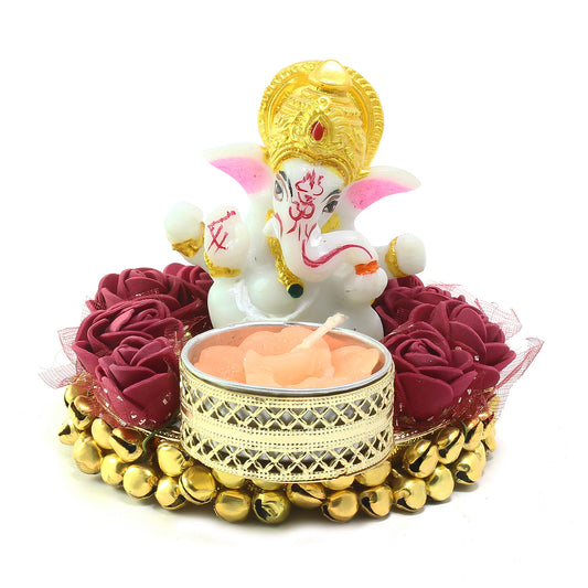 eCraftIndia Lord Ganesha Idol on Decorative Plate with Tea Light Holder – Pooja & Home Décor Showpiece | SFYKART