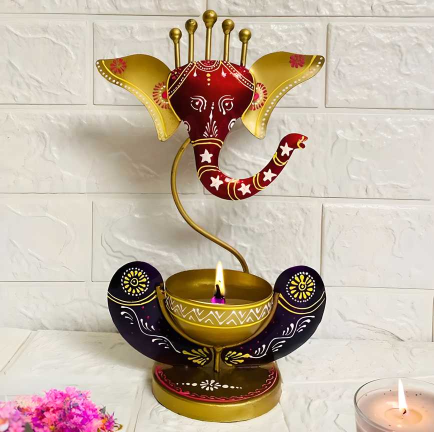 Intricately Crafted Ganesha with Tealight Candle Holder – Metal Spiritual Showpiece for Home Décor & Gifting | SFYKART