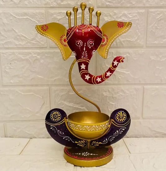 Intricately Crafted Ganesha with Tealight Candle Holder – Metal Spiritual Showpiece for Home Décor & Gifting | SFYKART