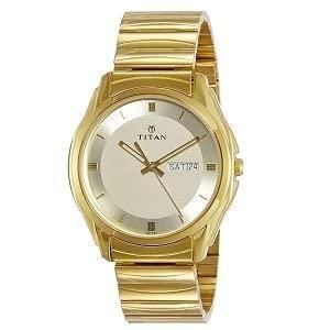Stylish Titan Analog Watch with Day & Date – Golden Round Dial Quartz Wristwatch for Men | SFYKART