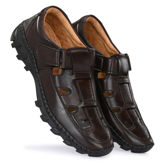 Brown Roman Sandals for Men – Faux Leather Casual Slip-On Footwear, Comfortable & Stylish Outdoor Sandals (UK 6-10)