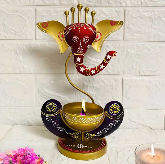 Intricately Crafted Ganesha with Tealight Candle Holder – Metal Spiritual Showpiece for Home Décor & Gifting | SFYKART